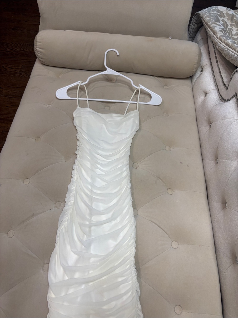 Oh Polly White Ruched Spaghetti-Strap Dress